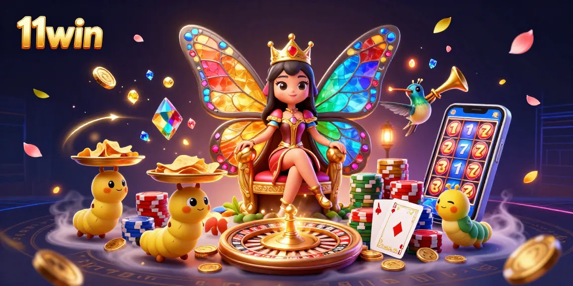 Engage with thrilling slots and casino games at 11win in a vibrant 3D digital illustration.