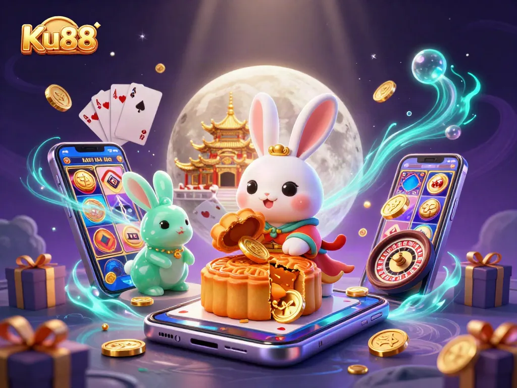 Engage with Ku88’s vibrant casino world featuring a moon rabbit and poker elements.
