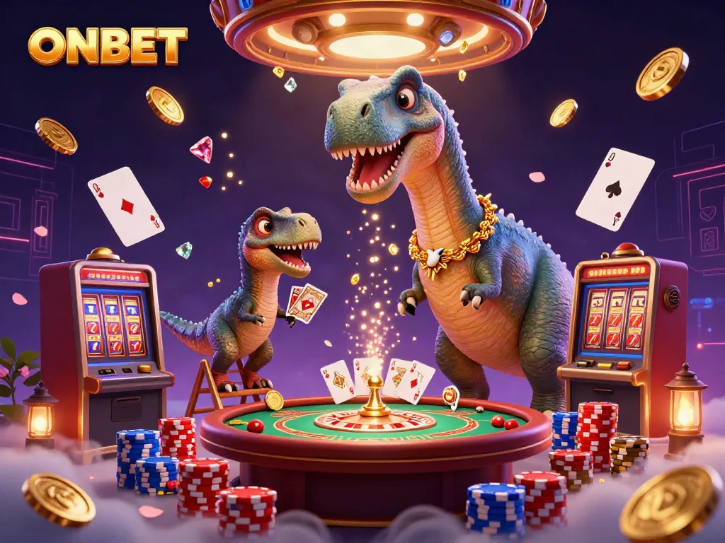 Experience the exciting world of ONBET with a vibrant 3D illustration featuring animated casino characters and dynamic game elements.