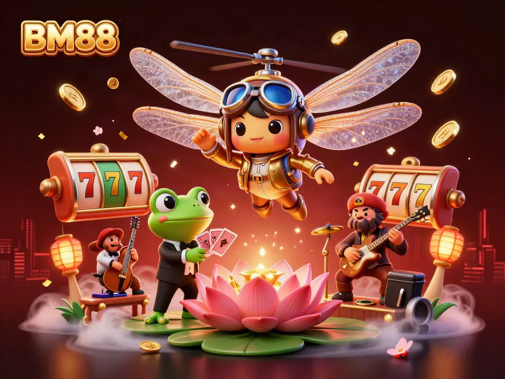 BM88 showcasing a dynamic lily pad casino with a dragonfly pilot, frog croupier, and vibrant slot game elements.