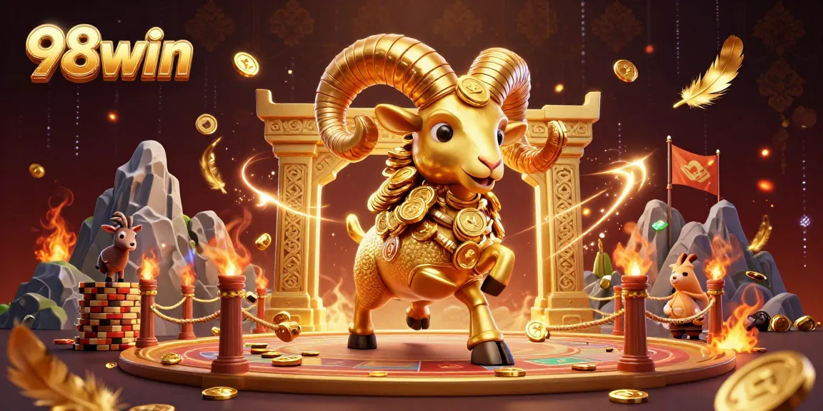Experience the thrill of gaming with 98win's animated golden ram and vibrant casino elements.