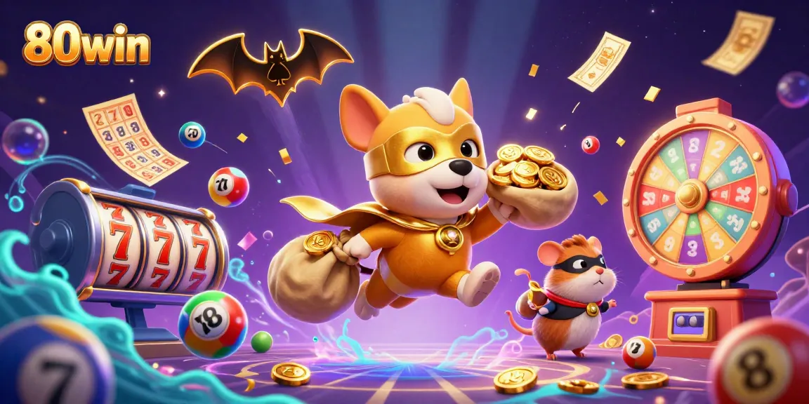 Engage with 80win's exciting games as a superhero dog and hamster take flight amidst vibrant casino elements!