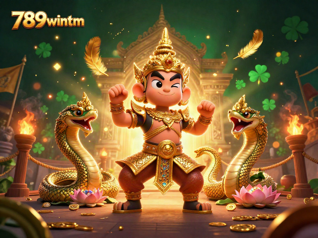 Engage with the vibrant gaming atmosphere at 789wintm, featuring a spirited yaksha guardian and Naga serpents.