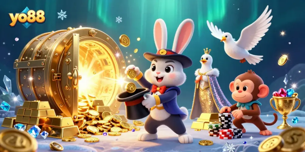 Engage with the enchanting world of yo88, featuring a magician rabbit, a dove, and a monkey in a vibrant casino scene.