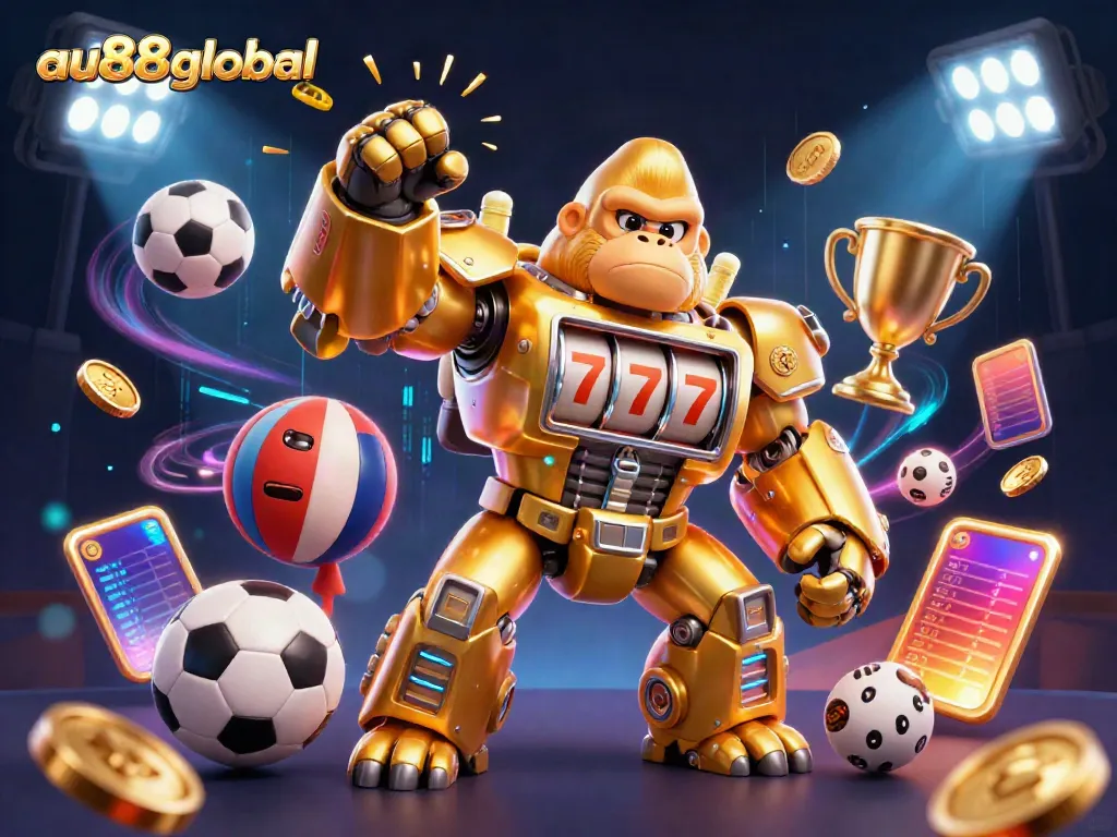 Engage in thrilling gameplay at AU88Global with a dynamic, action-packed 3D casino scene.