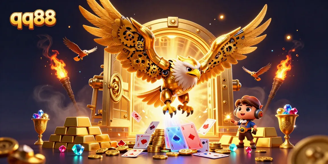 Experience the thrill of winning at qq88 with a dynamic 3D illustration of an eagle diving through casino elements.