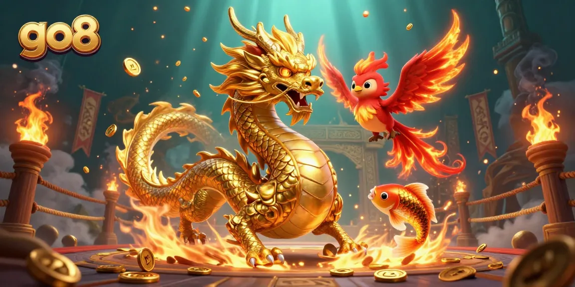 Experience the thrill of go8 as a golden dragon and red phoenix soar through a glittering game world.