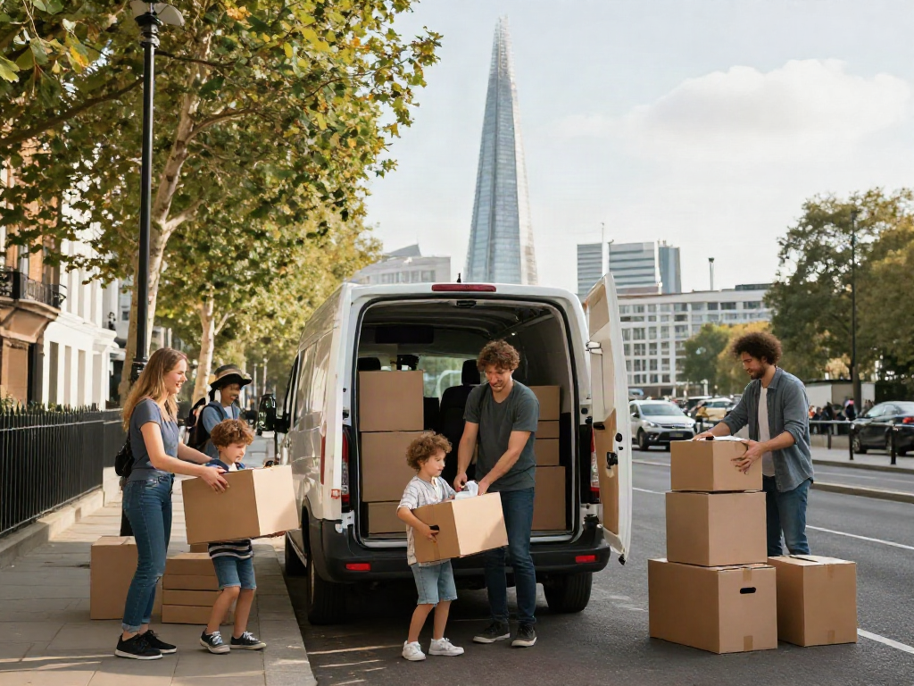 House removals London scene with a family packing a removal van, capturing the excitement of moving.