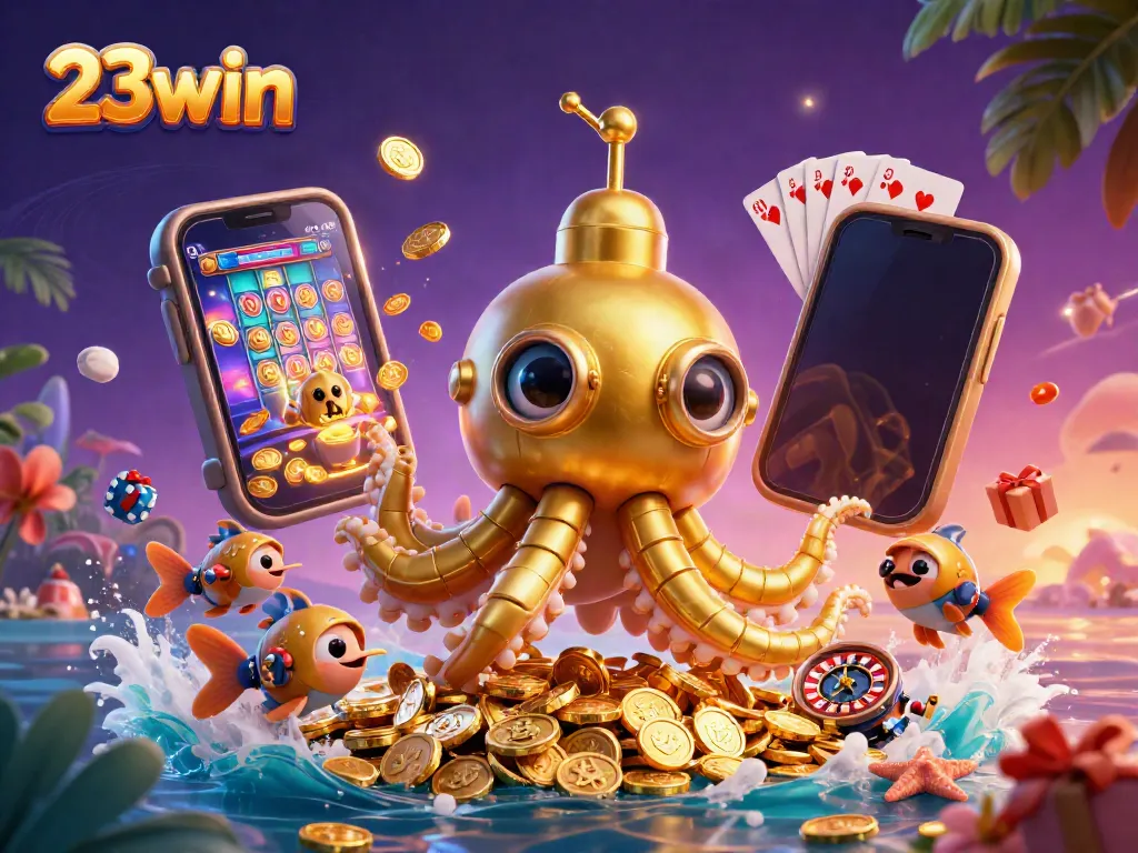 Engage with the dynamic gaming environment of 23win featuring a golden kraken submarine and casino elements.