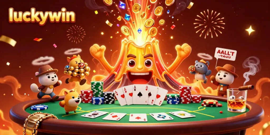 Experience winning moments at Luckywin with a vibrant eruption of treasures in a casino setting.