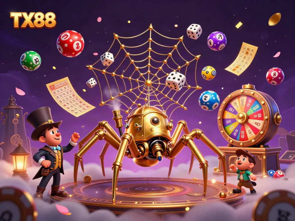 TX88 showcases a vibrant, dynamic casino scene with a golden spider and fly gentleman among colorful lottery elements.