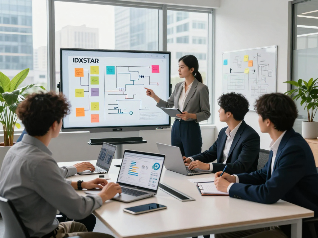 Team collaborating around a conference table discussing IDXSTAR solutions in a modern office.