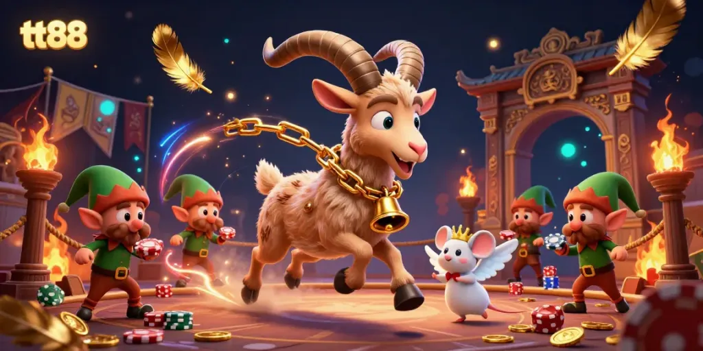 Experience the captivating tt88 holiday-horror casino scene with a Krampus goat, angel mouse, and naughty elf gremlins.