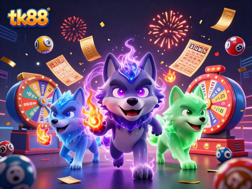Engage in the excitement of tk88 with vibrant lottery elements and animated characters in a dynamic casino scene.