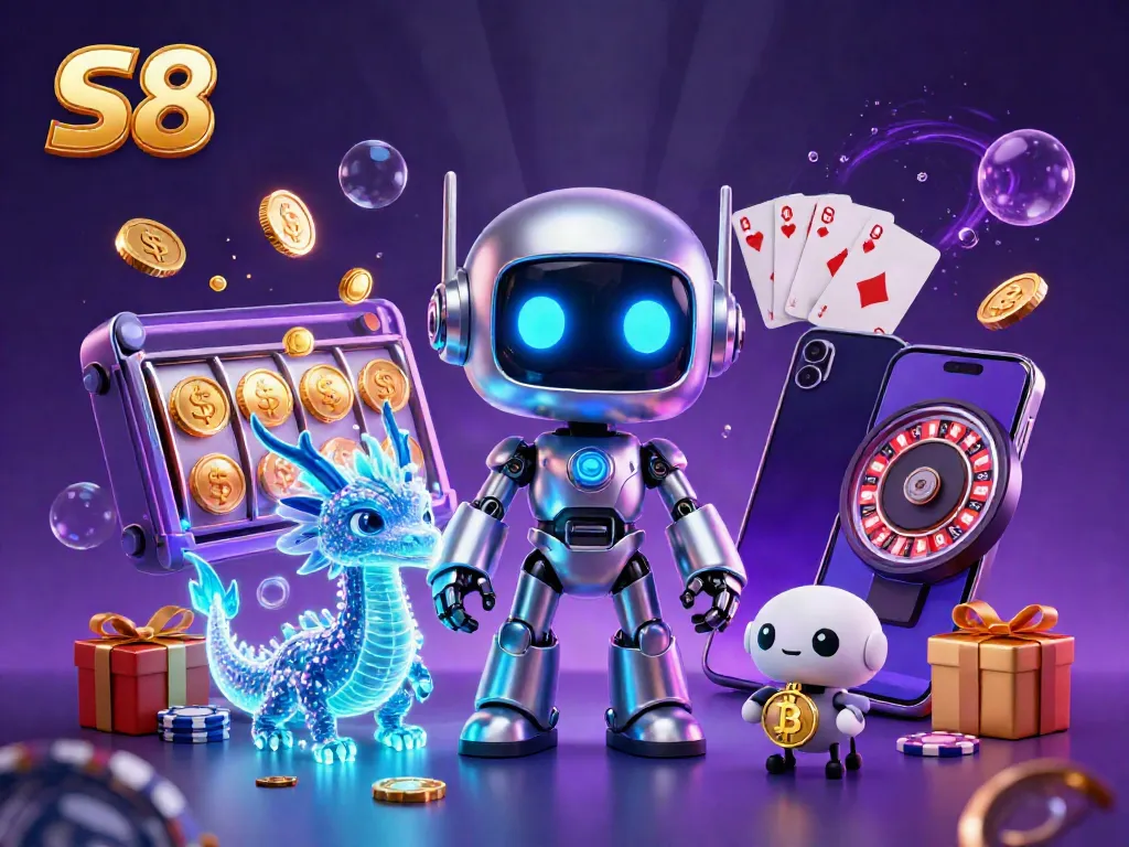 Engage with S8's exciting gameplay featuring a futuristic robot and digital companions amidst dynamic casino elements.