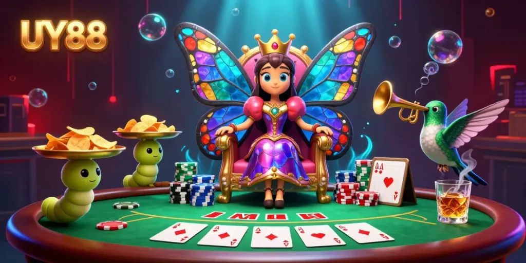 Experience UY88 with vibrant casino elements and a colorful butterfly queen in a rich, illustrated scene.