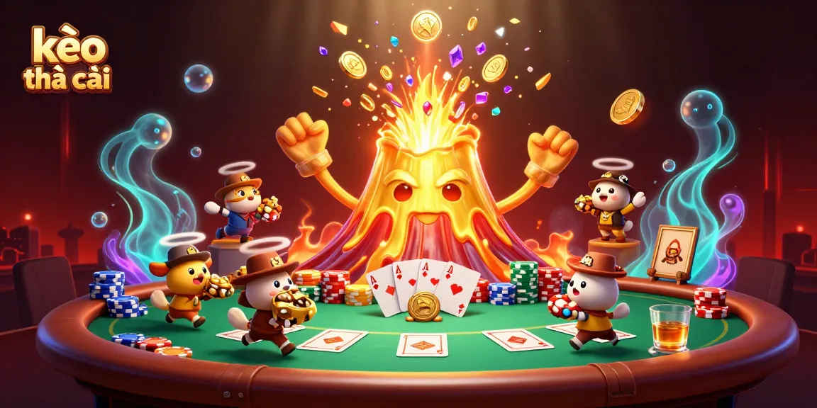 Kèo nhà cái offers thrilling online betting experiences with a lively golden volcano scene showcasing poker elements and treasures.