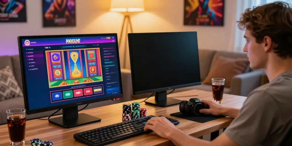 Player enjoying credit card casinos online, surrounded by gaming elements and a cozy atmosphere.