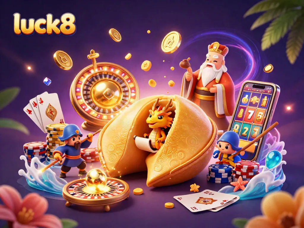Engage with luck8's thrilling casino games as a wise dragon reveals fortunes amidst golden treasures.