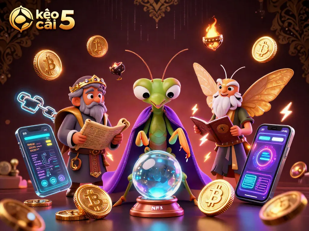 Engage with kèo nhà cái 5 through this vibrant 3D illustration featuring fortune tellers and crypto elements.