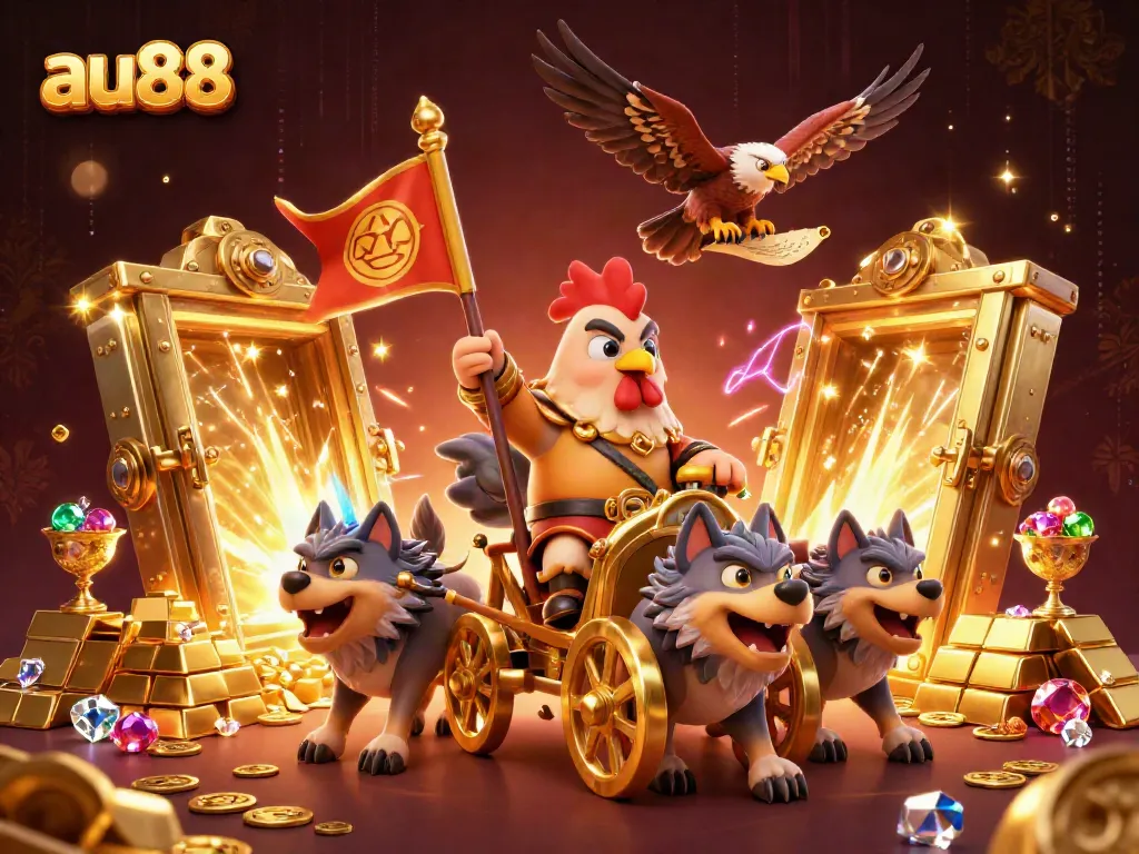 Engage in thrilling gameplay at au88 with a fierce cartoon rooster warlord and treasure bursting from vaults.
