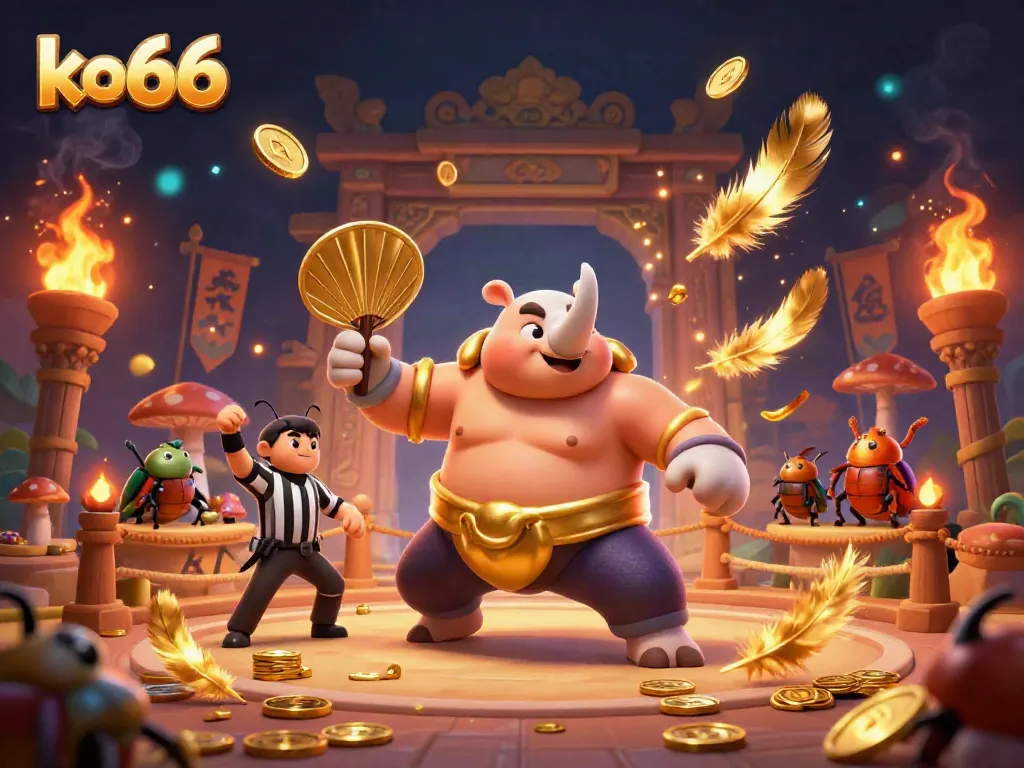 Betting action at ko66 featuring a rhinoceros beetle champion amidst golden coins and Asian temple elements.