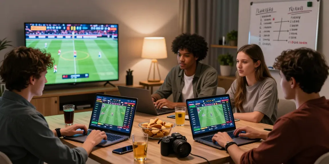 Enthusiastic individuals enjoying LUCK8 sports betting experience from a cozy modern setting, complete with live game stats and snacks.