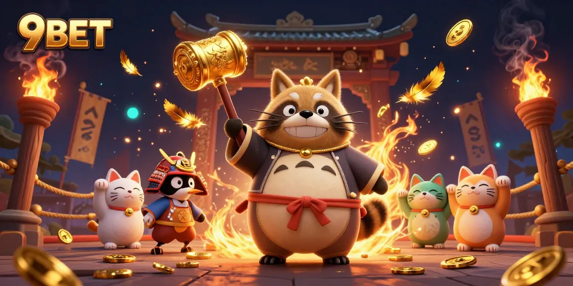 Experience thrilling action with 9BET's vibrant casino scene featuring lucky symbols and playful characters.