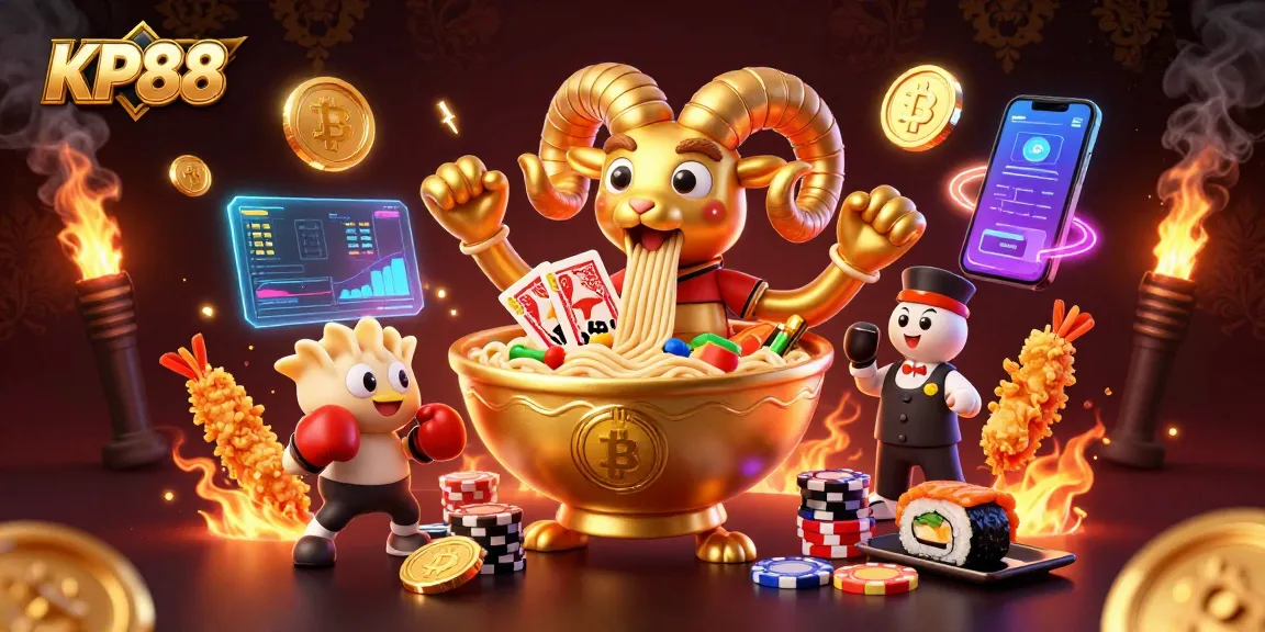 KP88 showcases a fun, vibrant casino scene with cartoon characters engaged in action, surrounded by cryptocurrencies.