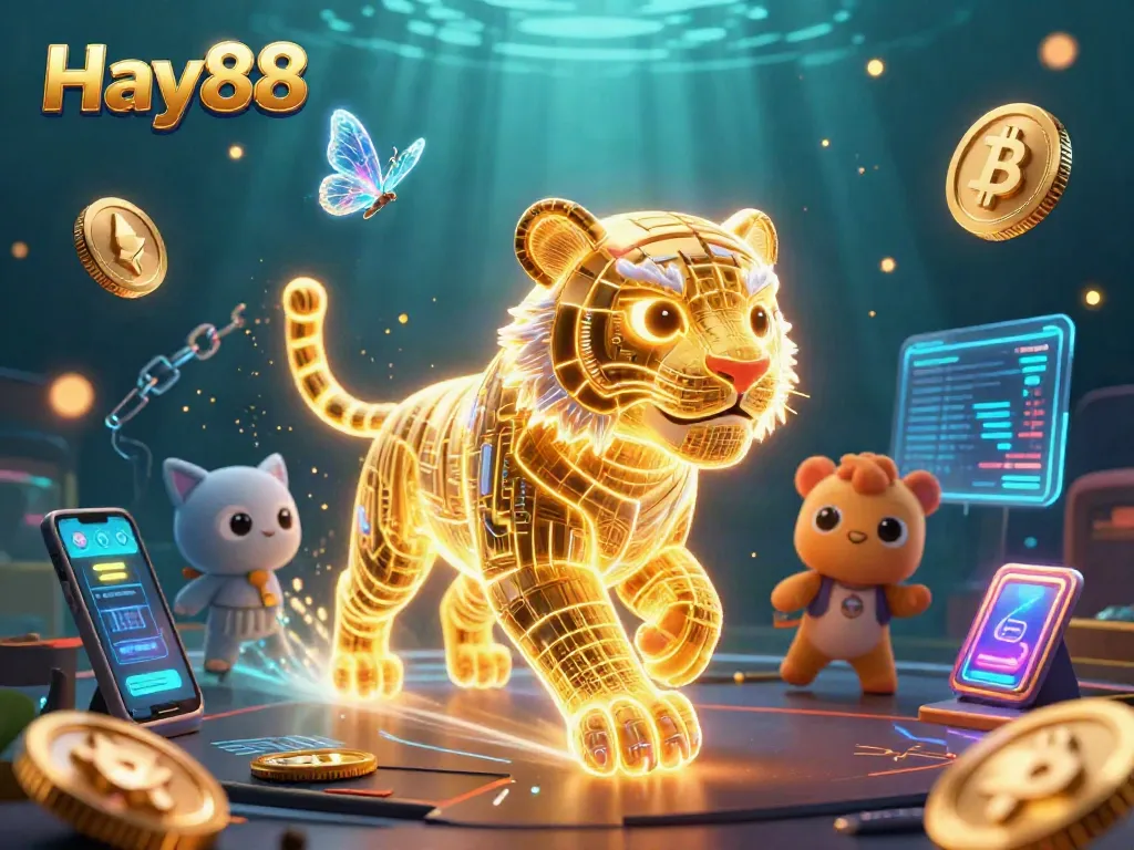 Experience the immersive world of Hay88 with vibrant casino elements and a shimmering golden tiger guiding the adventure.