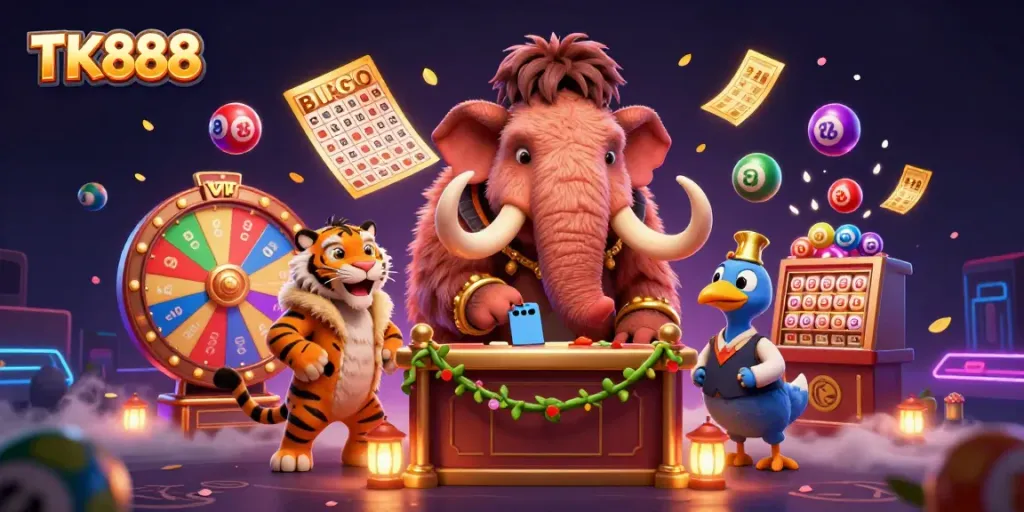 Experience excitement at TK888 with cartoon characters in a vibrant casino setting featuring colorful lottery elements.