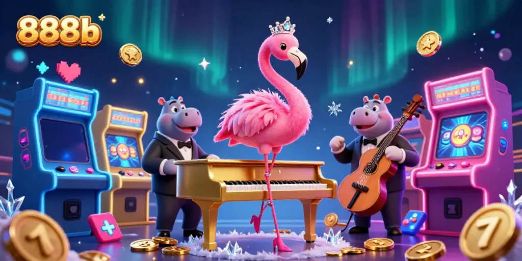 Join the fun with 888b, featuring a singing flamingo and hippo bassist in a vibrant casino scene.