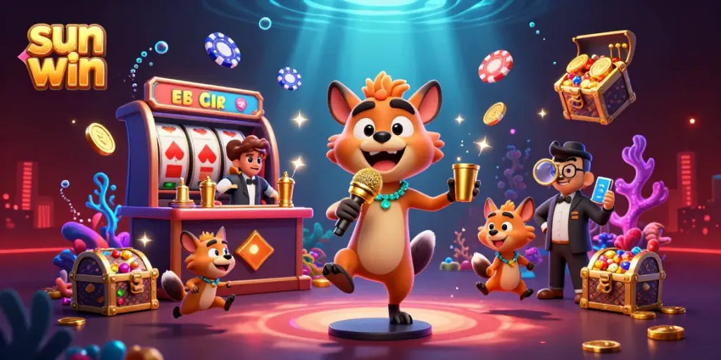 Engaging sun win casino experience with cartoon hyenas presenting lively games and rewards.