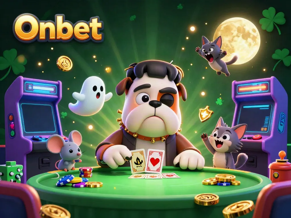 Onbet showcases a playful scene of a bulldog dealing cards at a spooky casino table surrounded by ghostly and colorful elements.