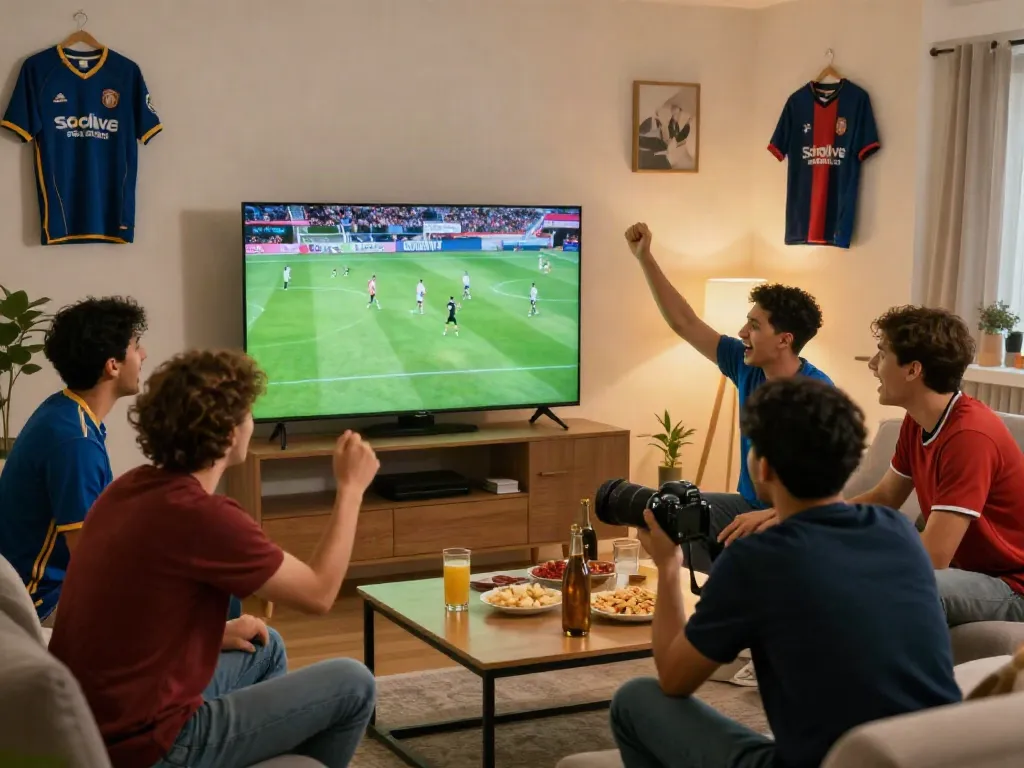 Friends enjoying a live soccer match on Socolive in a cozy living room