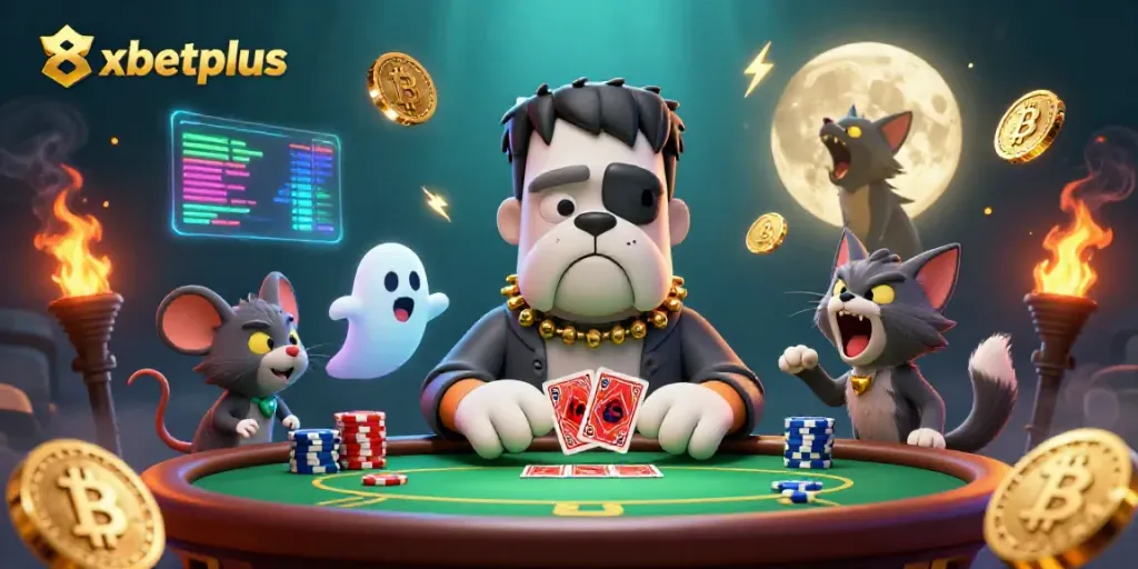 Play cards with the 8xbetplus bulldog monster at a spooky poker table filled with crypto elements.