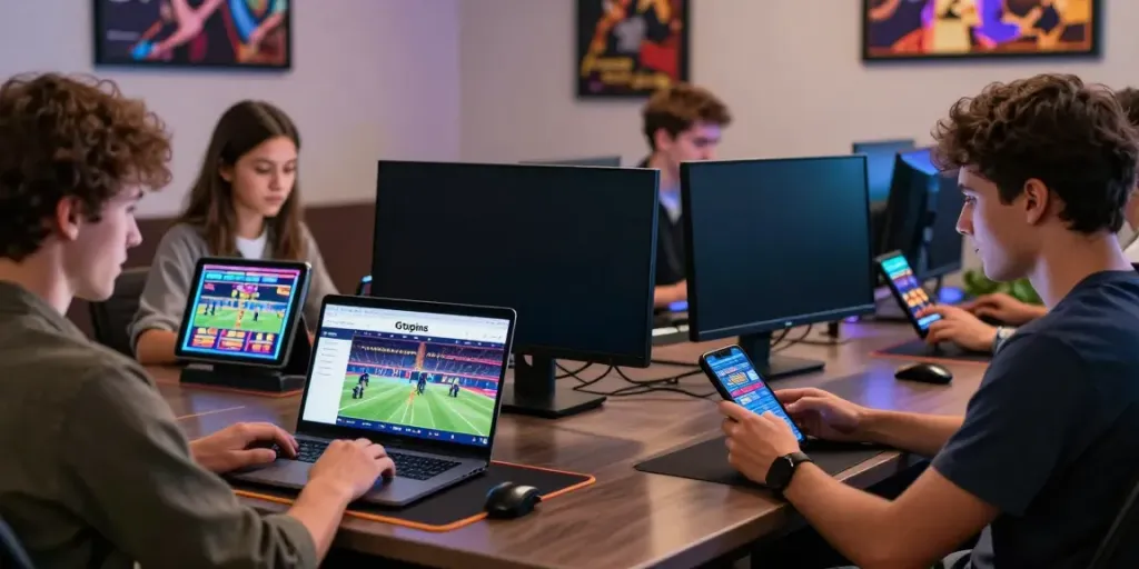 Players enjoying diverse Gtspins games on modern devices in a lively gaming space.