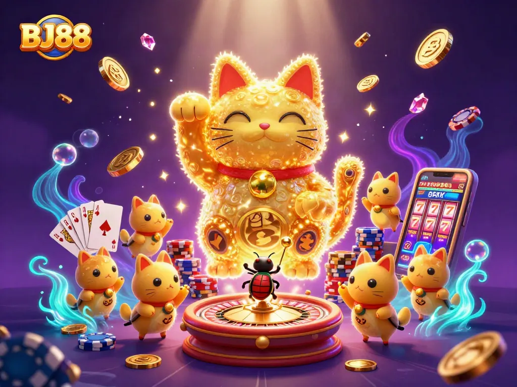 Experience winning with BJ88 through dynamic 3D cartoon illustration of lucky symbols and casino excitement.