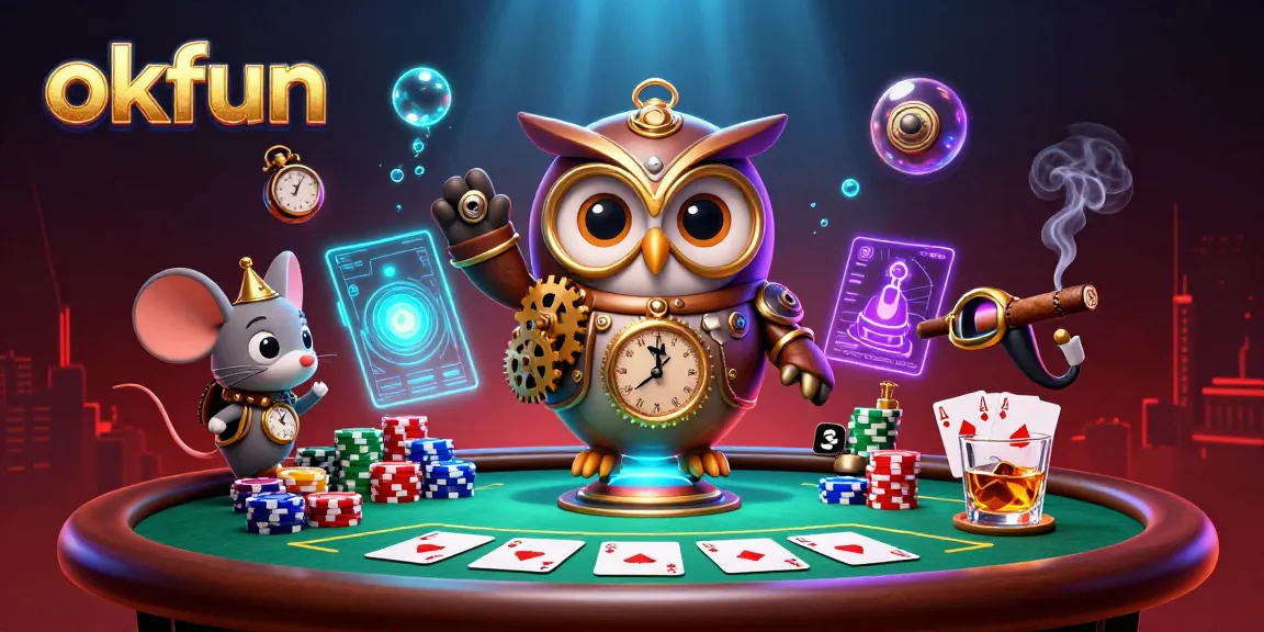 Experience thrilling gameplay at okfun while lounging at a luxurious poker table stacked with chips.