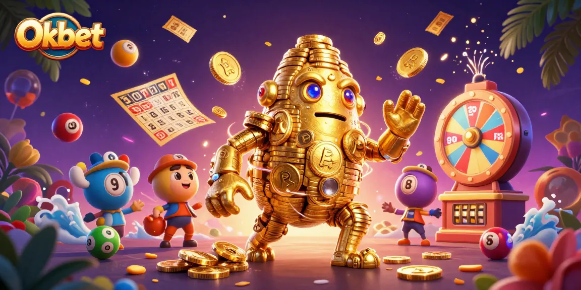 Oxbet's golden golem surrounded by dynamic lottery elements showcases vibrant gambling excitement.