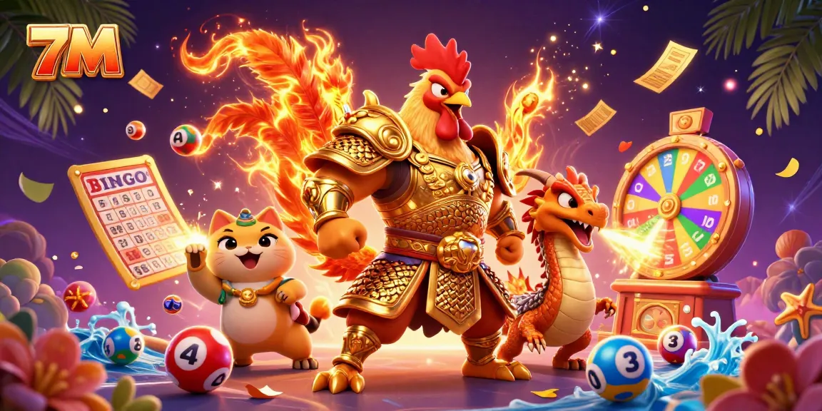 Engage with the thrilling 7M casino experience featuring a vibrant scene of warriors and lottery elements.