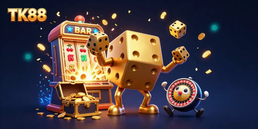 Experience thrilling gaming with TK88's golden dice characters amidst a jackpot explosion in this vibrant casino scene.