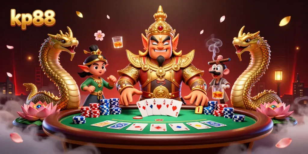 Join in the thrill of kp88, featuring 3D guardian and poker elements in a lively casino scene.
