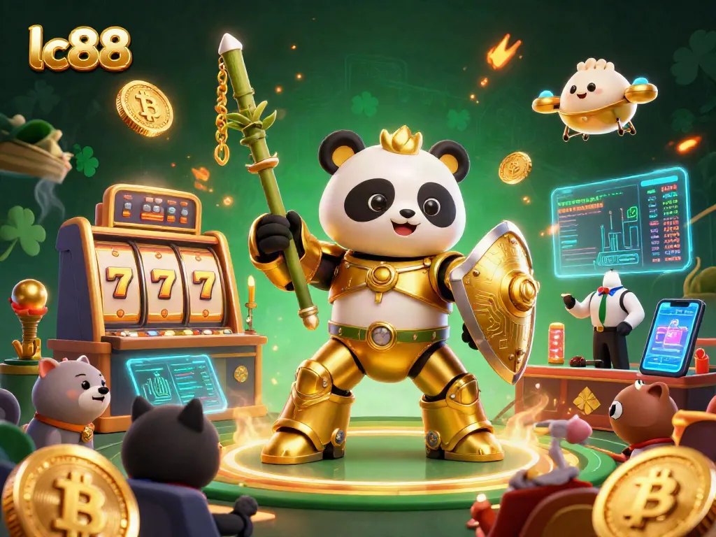 Engaging lc88 casino scene with a panda in mech-suit amidst slot reels and crypto coins.