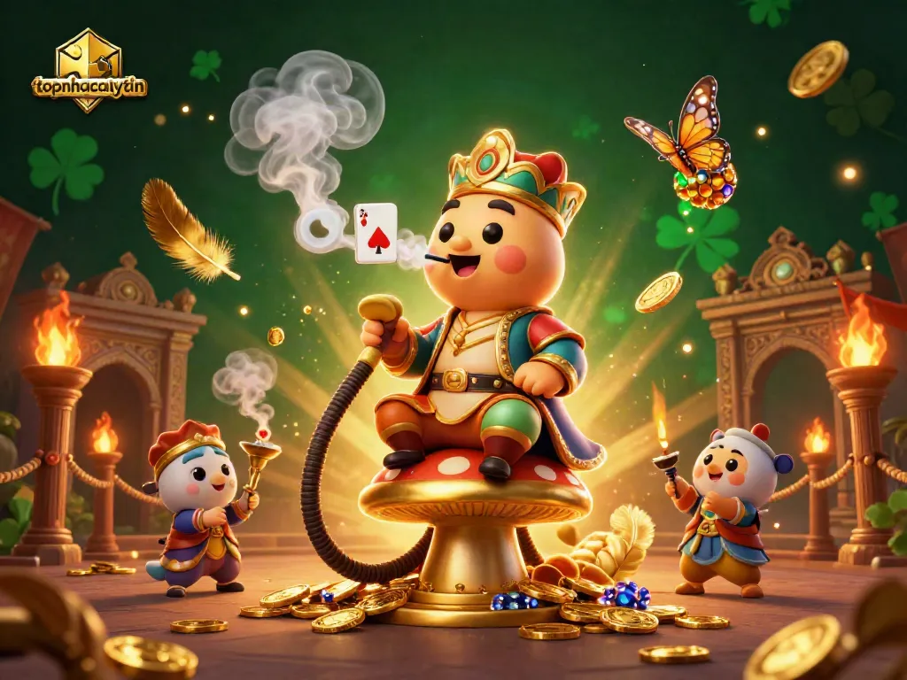 Experience thrill at topnhacaiuytin with vibrant gaming symbols and a unique caterpillar character.