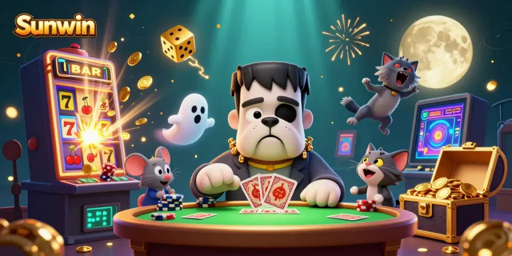 Experience Sunwin's thrilling gameplay with a lively 3D scene of unique characters and casino elements.