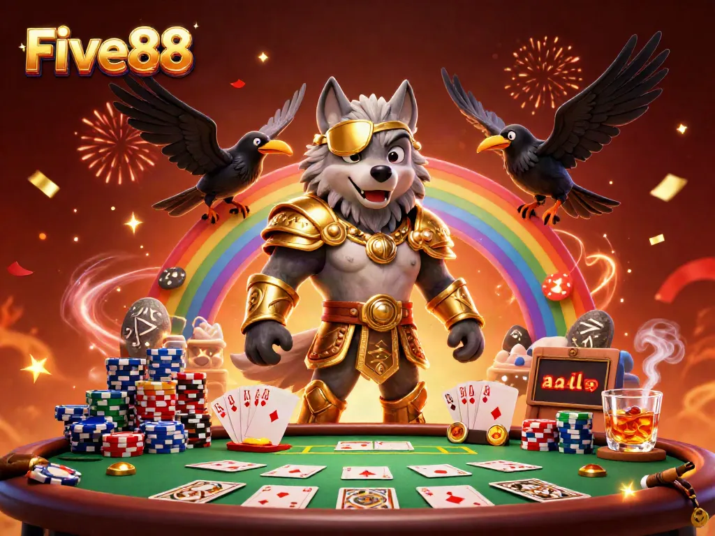 Experience thrilling casino action with Five88's vibrant 3D casino illustration featuring Odin and iconic gaming elements