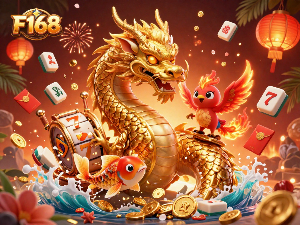 Experience the thrill of F168 with a vibrant 3D casino scene featuring lucky symbols and dynamic elements.