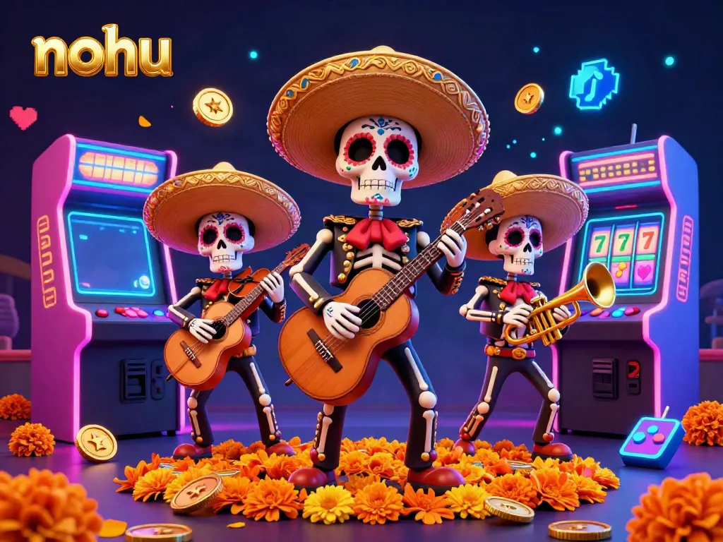 Experience festive gaming with nohu's vibrant mariachi band amidst colorful slot machines and jackpot excitement.