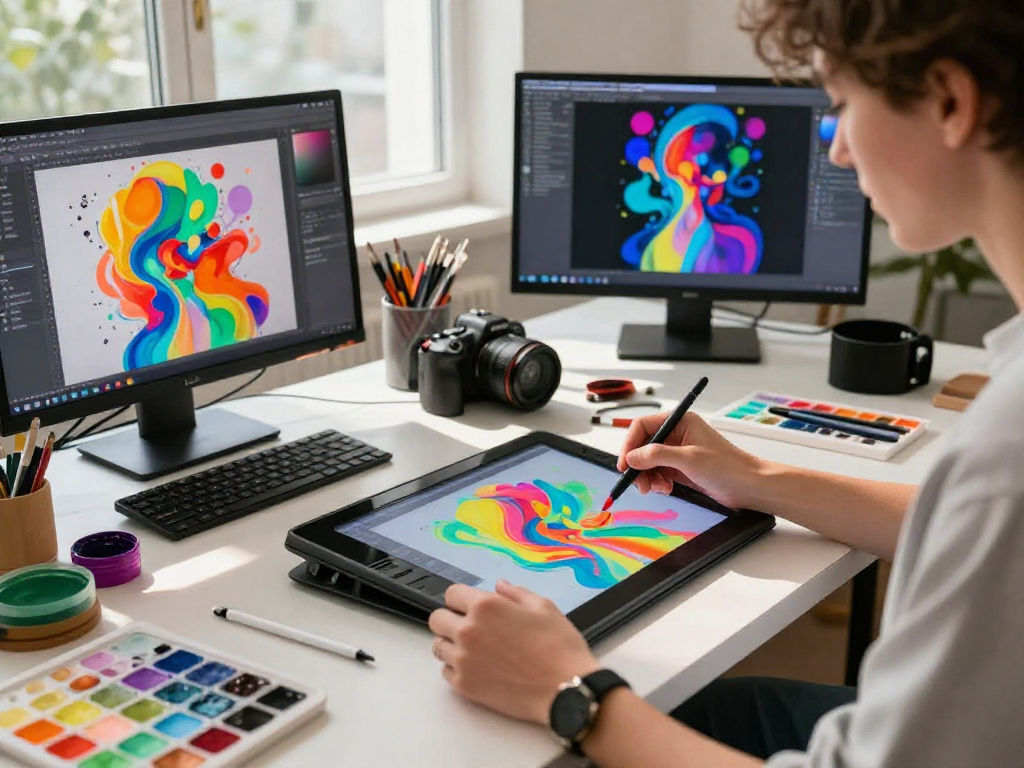 Artist creating digital art in colorful studio with nsfw ai themes, showcasing innovative tools and vibrant atmosphere.